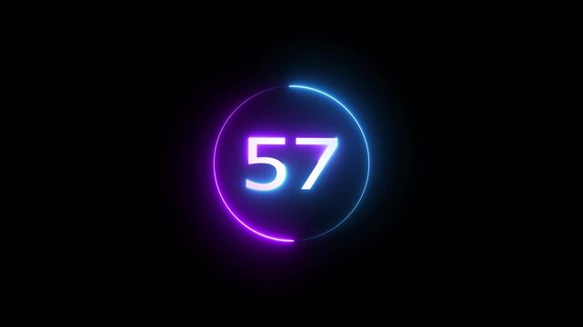 Glowing count neon number 57 text animation on black background. Neon number with circle animation.