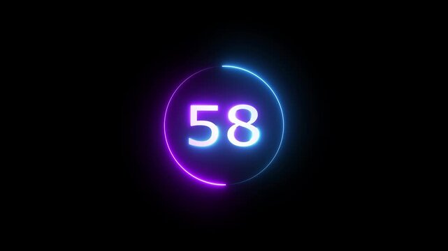Glowing count neon number 58 text animation on black background. Neon number with circle animation.