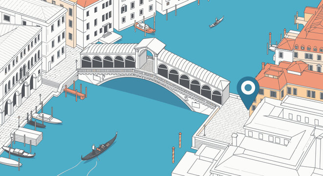 This elegant isometric illustration showcases Venice's iconic Rialto Bridge over the Grand Canal, surrounded by historic architecture, traditional gondolas, and a map pin.