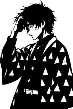 Adult Boy ran his finger through his long hairs with full calm and relax body and wear a dress of zenitsu in black and white silhouette vector with transparent background 
