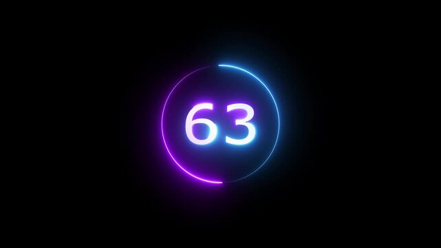 Glowing count neon number 63 text animation on black background. Neon number with circle animation.