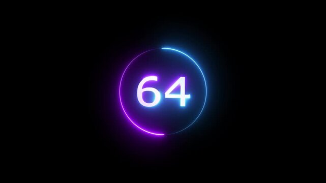 Glowing count neon number 64 text animation on black background. Neon number with circle animation.