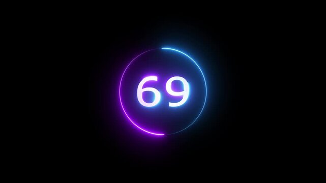 Glowing count neon number 69 text animation on black background. Neon number with circle animation.