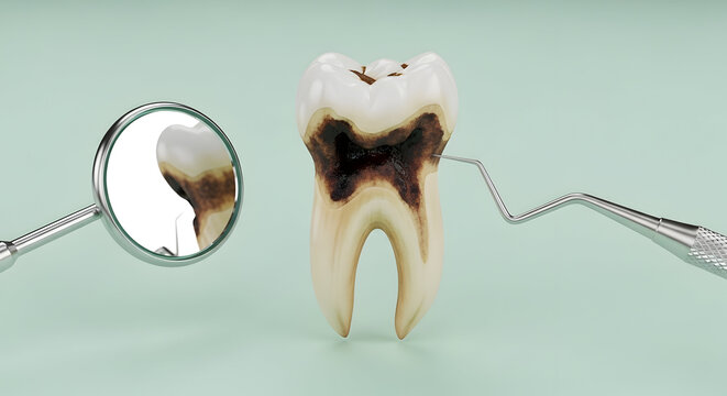 Dentist examining tooth with decay and dental tools