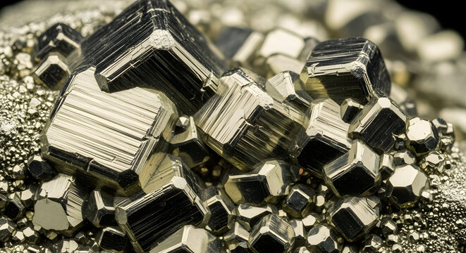 A close up shot of golden cubic pyrite crystals clustered together