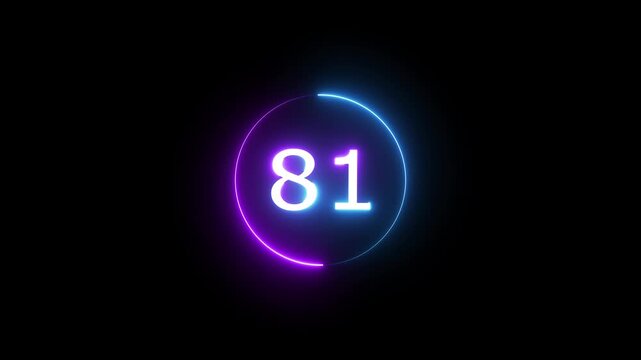 Glowing count neon number 81 text animation on black background. Neon number with circle animation.