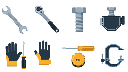 Obraz premium Essential garage tools set: wrench, ratchet, bolt, oil, clamp, and more