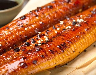 Close-up of glossy, glazed food items, speckled with seeds, accompanied by a small sauce bowl and wooden sticks