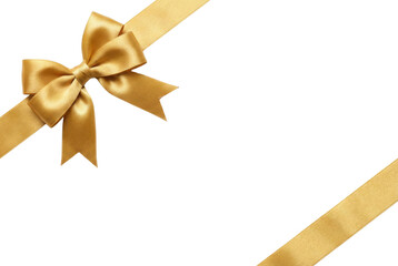 Shiny golden satin ribbon tied into a decorative bow with diagonal ribbon strands, isolated on a clean white background, creating an elegant frame for celebrations.