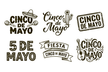 Obraz premium Cinco de Mayo Hand Drawn Lettering Set of 6 Black and White Mexican Holiday Typography
