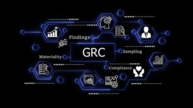 animation Team Collaborating on Business grc with Charts and Graphs, Focusing on Compliance, Sampling, Findings, and Materiality in a Modern Office Setting. animation on the black background.
