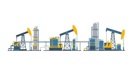 Obraz premium Oil drilling pump jacks and industrial refinery complex.