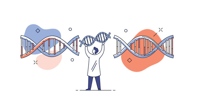 Genetic scientist works on assembling a DNA strand between two larger structures representing biotechnology and genetic engineering research.
