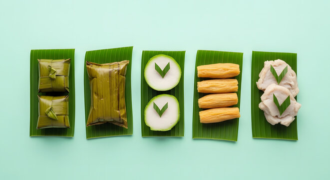 Five authentic Indonesian desserts featuring lemper rice cakes, kue putu cylinders, klepon balls, and traditional fried snacks displayed on natural banana leaf plates against mint background.