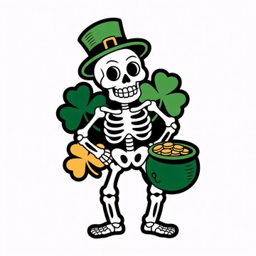 Skeleton character dressed as leprechaun holding pot of gold coins and shamrocks for St Patricks Day celebration illustration