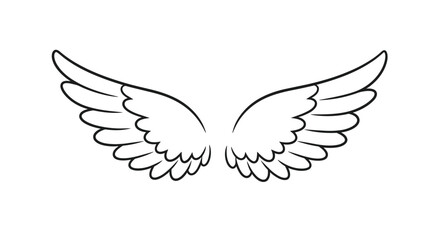 Obraz premium Symmetrical black and white line art of a pair of feathered angel wings spread wide on a clean white background.