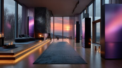 Fototapeta premium Luxurious modern interior features scenic sunset view, fireplace, and sleek design