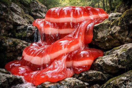 Glossy red jelly flowing like a waterfall through jungle and canyon landscapes, blending natural scenery with playful surreal absurdity for bold conceptual and creative visual use