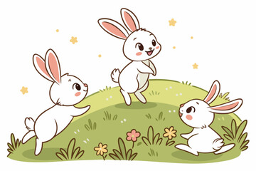 Obraz premium A playful illustration of three cartoon bunnies dancing on a green hill with flowers
