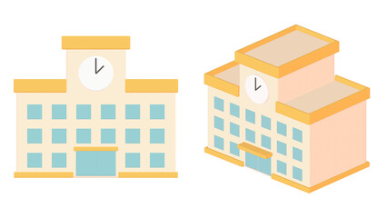 シンプルな学校の建物の3DCGイラスト。学校や塾、教育現場のプロモーションに適した文房具の挿絵素材