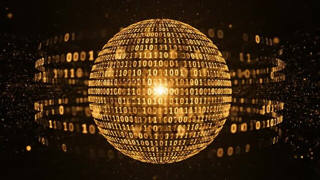Golden binary data sphere rotating loop digital technology background