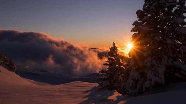 Majestic mountain sunrise with sunbeams breaking through clouds over snowy landscape