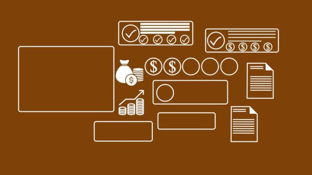 Animation diverse group of professionals collaborating on web planning with surrounded by digital financial icons and documents, emphasizing teamwork. animation on the dark background.4k video.