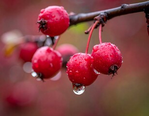 Close-up of glossy, red berries clustered on a slender branch, glistening with water droplets against a blurred backdrop