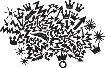 Obraz premium Crown and Star Silhouettes in Chaotic Arrangement with Dramatic Contrast in Black and White Vector Illustration for Luxury Branding