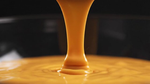 Caramel Sauce Dripping from Spoon into Pool.
