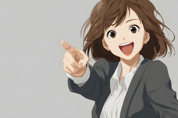 Cheerful young Japanese businesswoman pointing forward with a bright smile, anime style illustration