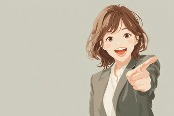 Cheerful young Japanese businesswoman pointing forward with a bright smile, anime style illustration