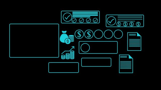 Animation diverse group of professionals collaborating on identify planning with surrounded by digital financial icons and documents, emphasizing teamwork. animation on the dark background.4k video.