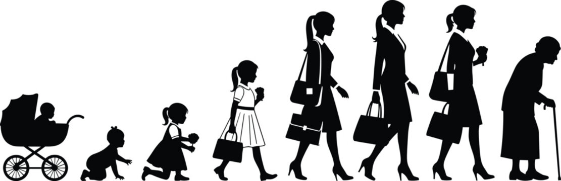 Evolution of a woman's life cycle from infancy to old age, featuring silhouettes of baby, child, student, professional, and senior.