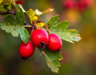 Close-up of glossy, ripe red berries clustered on a branch with textured green leaves, against a blurred bokeh background
