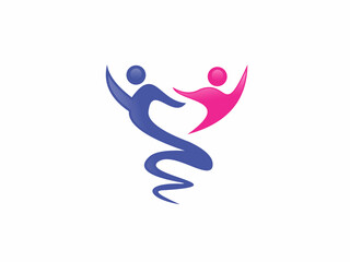 Abstract logo illustration featuring two stylized human figures in blue and pink forming a dynamic dancing motion.