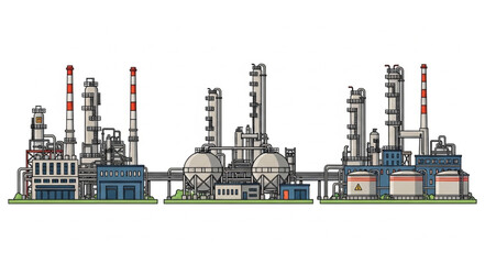 Obraz premium Industrial oil refinery complex with multiple towers and pipelines.
