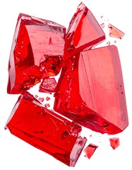 Close-up of glossy, shattered pieces of a translucent, jewel-toned, red substance scattered against a white background