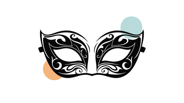 Decorative black masquerade mask with ornate swirls and patterns accompanied by soft blue and orange abstract circles in the background.