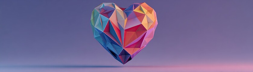 A vibrant, geometric heart sculpture with multicolored facets sits against a purple gradient background.