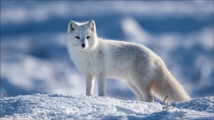 A white Arctic fox stands alert on snowy terrain with a blurred icy blue background, showcasing its thick winter fur and bushy tail.
