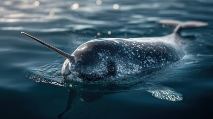 A narwhal swims near the ocean surface, showcasing its iconic long, spiral tusk under calm blue waters.