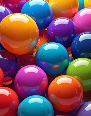 Close-up of glossy spheres in varied saturated hues. The orbs are tightly packed and overflowing, appearing to be vibrant and smooth