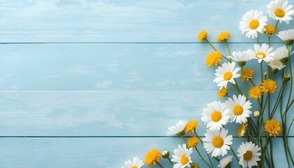 A bouquet of white and yellow flowers on a light blue wooden background