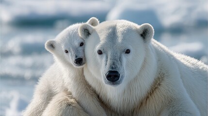 A close-up of a mother polar bear and her cub embracing in a snowy, icy environment.