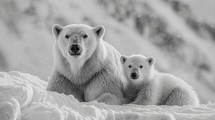 A polar bear and its cub rest on snowy terrain with snowflakes falling gently around them in a cold, Arctic environment.
