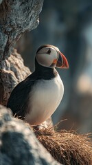 A puffin stands on a rocky nest, illuminated by soft light, highlighting its vibrant beak and detailed feathers against a blurred natural background.