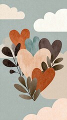 Abstract heart-shaped leaves in warm earthy tones float among soft clouds on a textured blue-gray background.