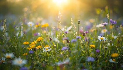 A serene field of colorful wildflowers basking in warm sunlight on a peaceful summer day