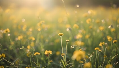 A serene field of vibrant yellow flowers basking in warm sunlight on a peaceful day